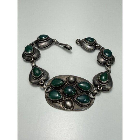 Vintage Sterling Silver Green Chalcedony Bracelet 7.5” Mexican Art Deco Style - Picture 9 of 14